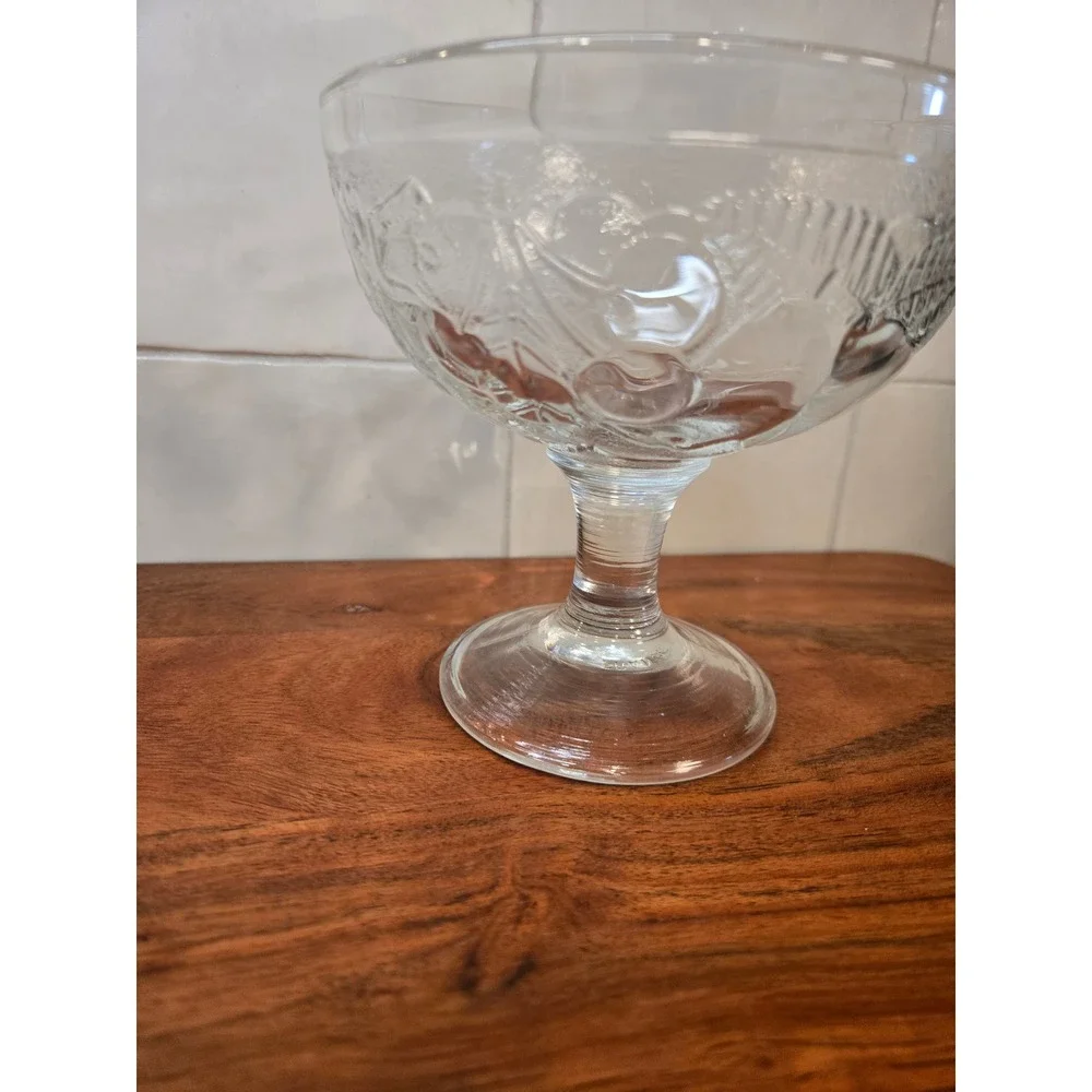 Vintage French Clear Pressed Glass Footed Dessert Coupe Embossed Leaf Berry Bowl